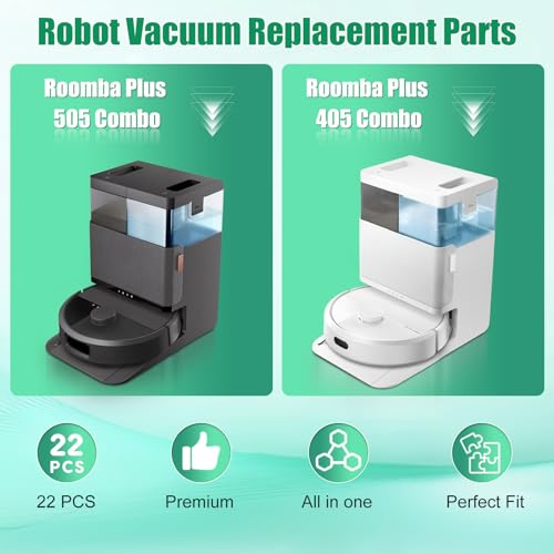 22-teiliges Zubehör-Set für iRobot Roomba Plus 505/405 Combo Saugroboter, 2 Rollenbürsten, 4 Wischpads, 3 Hepa-Filter, 6 Seitenbürsten, 6 Staubsaugerbeutel, Ersatzteile