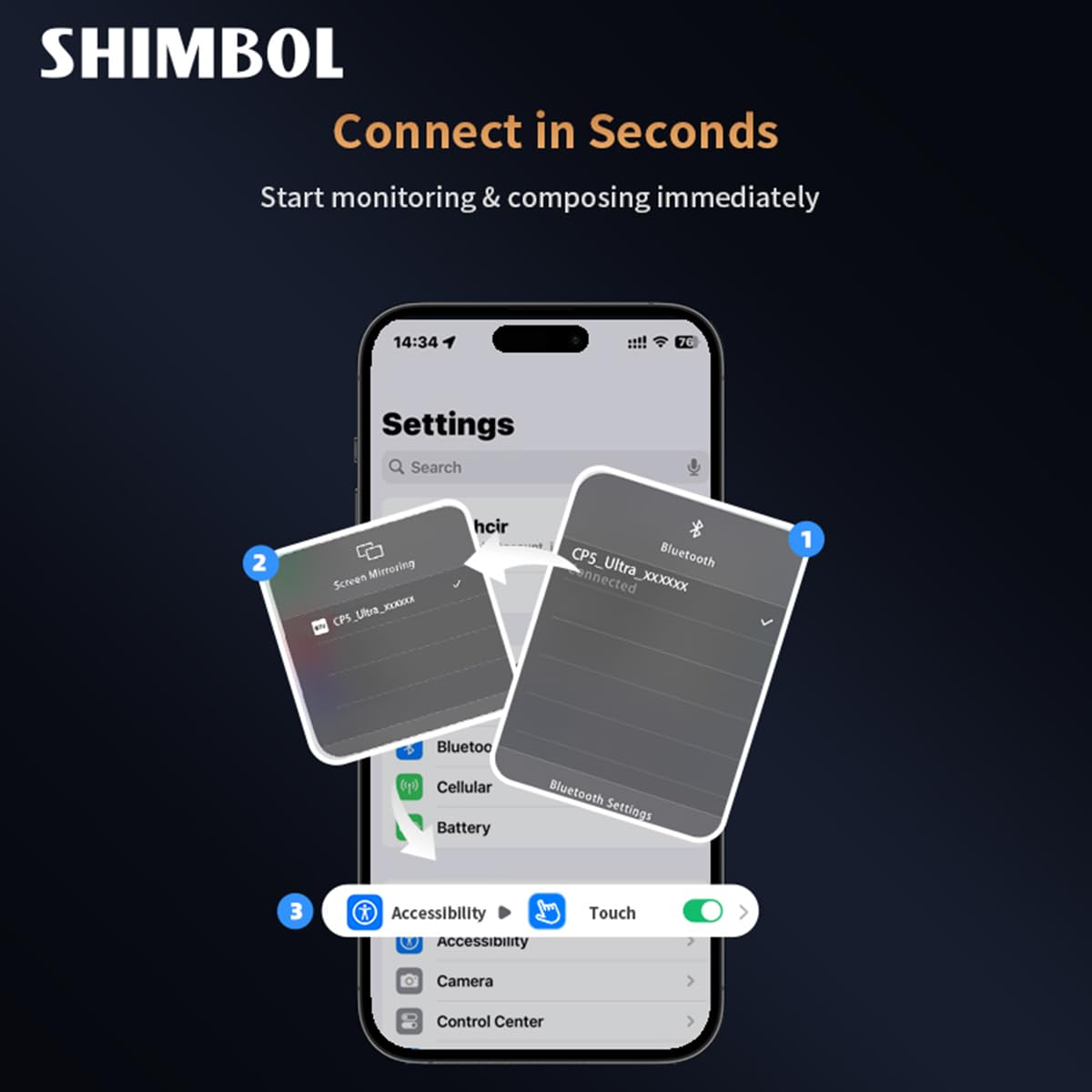 Shimbol CP5 - Monitor wireless FHD Ultra 5", pratico selfie monitor per iPhone e Android, supporto magnetico, controllo touch, collegamento 50 m a bassa latenza, telecomando app
