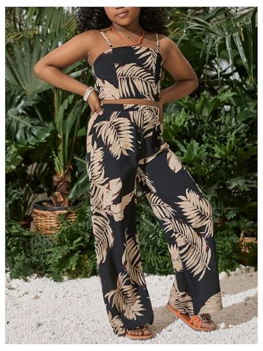 Image of Floerns Girl's 2 Piece Outfit Hawaiian Tropical Crop Cami Tops and Boho Pants Set