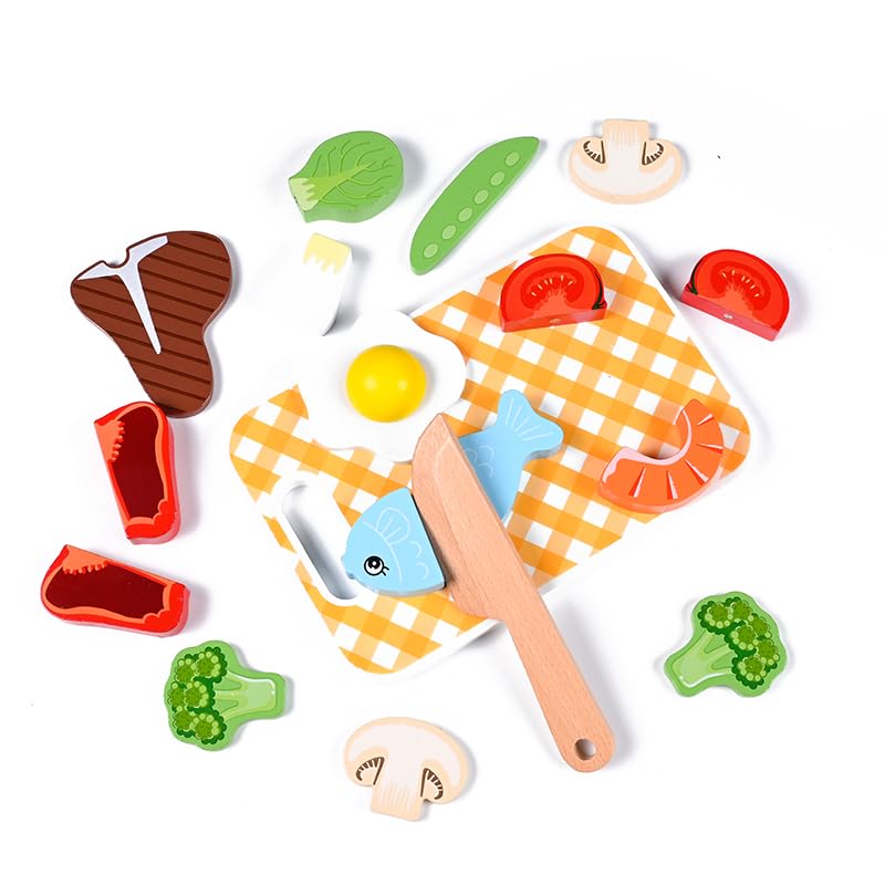 Kievano Accessori Cucina Bambini Legno, Cibo Giocattolo per Bambini, Frutta da Tagliare Giocattolo Legno, Set da Cucina in Legno per Bambini 14 Pezzi