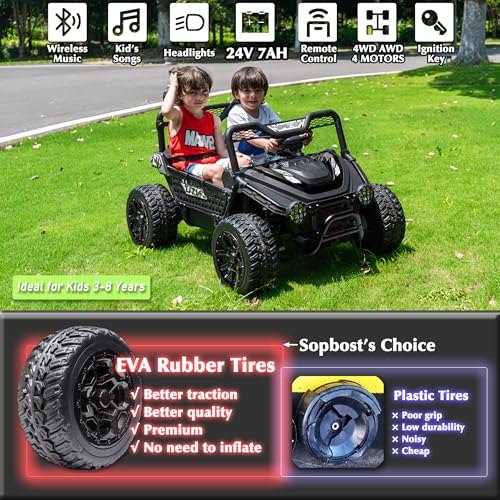 sopbost Premium 24V 2 Seater XXL Kids UTV Ride On Car with Remote Control 4WD Off Road Electric Vehicle Ride On Toy Car with EVA Tires Wheels, Metal Frame, Bluetooth (Black) - Image 3