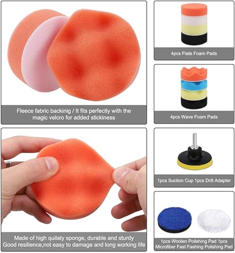 Image of Car Polishing Buffing Tool Kit 11 PCS 3-Inch Foam Drill Polish Pads Sponge Buffing Pads for Car Waxing and Polishing