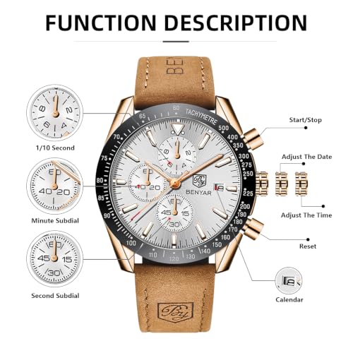Image of BENYAR Men's Watches Chronograph Watch for Men Multifunction Black Waterproof Sport Fashion Quartz Wristwatches Calendar with Stainless Steel Strap