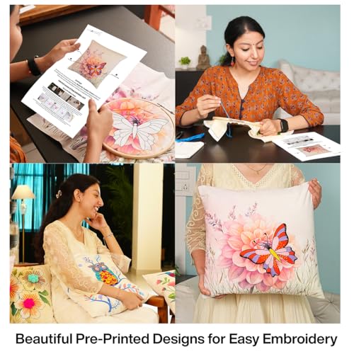 Image of picknMAKE Pack of 2 DIY Cushion Cover Hand Embroidery Kit for Beginners & Adults - Owl & Butterfly Medley | 16 inchx16 inch Cross-Stitch Pillow Covers with Digitally Printed Fabric, Threads, Hoop & More