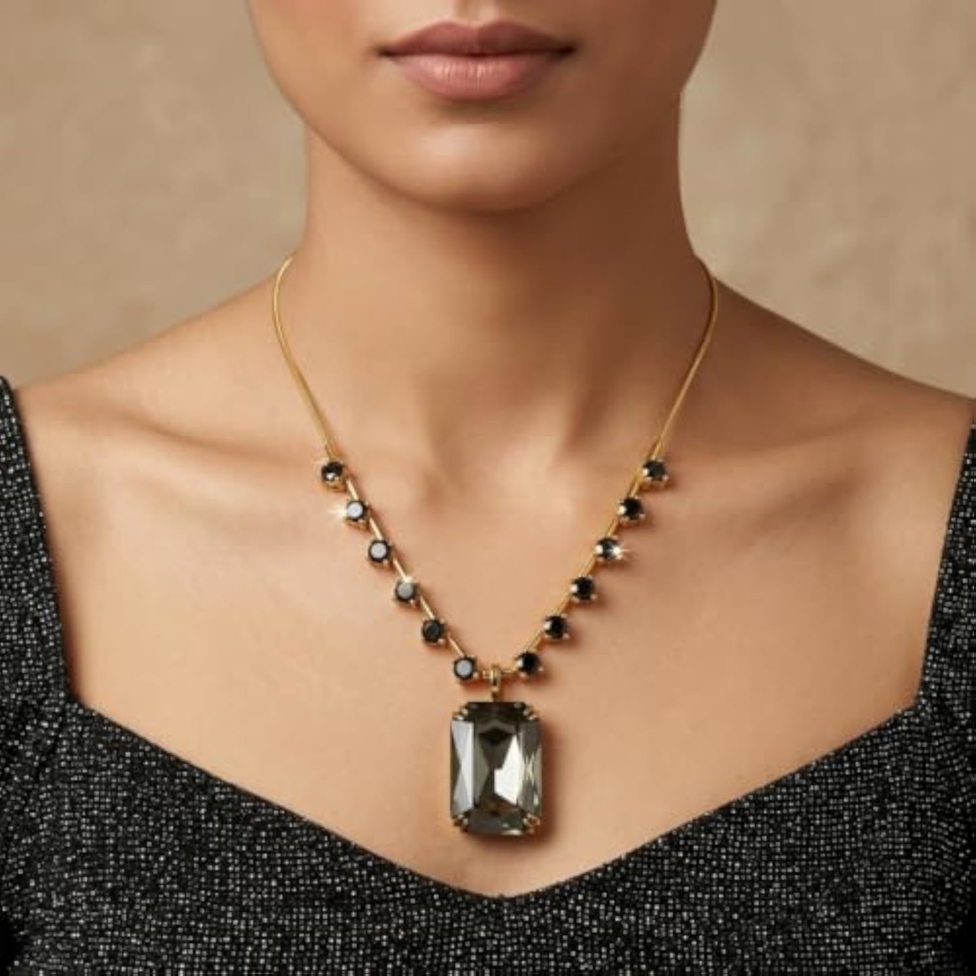 Women's Black Crystal Statement Necklace, Bold Elegance