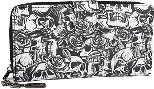 styleBREAKER Monedero para mujer con estampado de calavera y rosas, cremallera y botón de presión 02040151, negro-blanco, talla única, Monedero