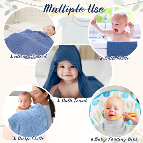 Image of VitalCozy 12 Pcs Baby Muslin Hooded Bath Towels and Washcloths, Muslin Hooded Baby Towels Absorbent Blankets for Gift Newborn Infant Shower (Blue Style)