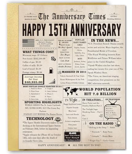 FANCYLUCKY Jumbo 15th Anniversary Card for Women Men, Large 15 Year Wedding Anniversary...