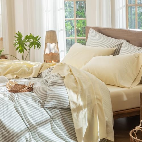 Image of MooMee Sheet Set 100% Washed Cotton Linen-Like Extra Deep Pocket Cal King | Relaxed Linen-like Texture. Soft, Breathable & Lightweight Comfort. 15-19 inch Extra Deep Pocket with All-around Elastic