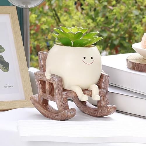 JaeyiTfu Rocking Chair Resin Planter - Cute Plant Pot - with Drainage Hole - Smiley Succulent Pot - for Garden - Lawn - Patio Indoor and Outdoor Use