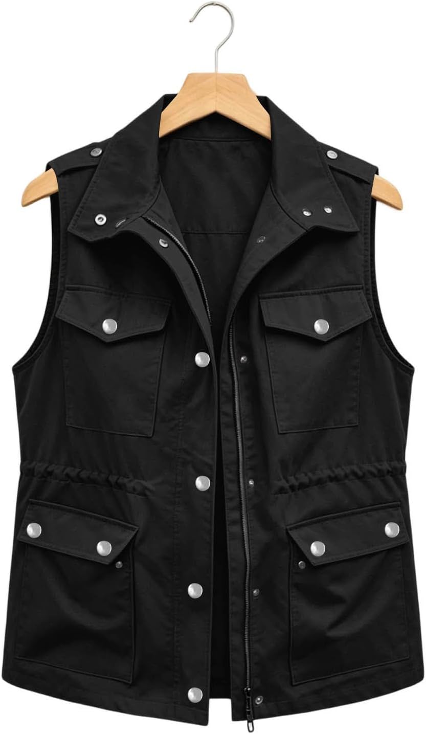 Women's Utility Cargo Vest Zip Up Jacket with Pockets Drawstring Waist | Dress Jackets For Women Womens Tweed Jacket Winter Vest Brown Fleece Zip Up Long Coat Sleeveless Cardigans Plaid Shirts Fall