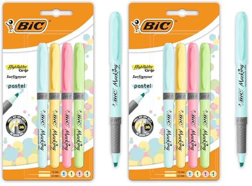 Image of Bic Highlighter Grip Pens with Anti-Drying Technology in 4 Assorted Colors, Water-Based, Pack of 8