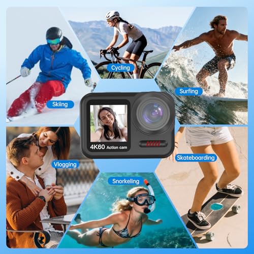 Image of 4K 60FPS Waterproof Action Camera, Bare Metal 66FT Underwater Camera, 2 inch Touch Dual Screen Sports 6-Axis Stabilization,2 Batteries Internal Microphone Vlog Camera for Diving Cycling Outdoor