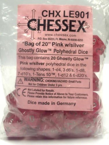 Chessex Dice: Ghostly Glow Pink/Silver Bag of Dice (20)