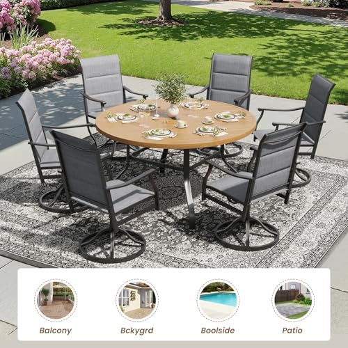 Image of Soohow 7-Piece Outdoor Dining Set, Round Patio Dining Table and Chairs Set for 6, 6 x Swivel Patio Chairs and 47 inch Dining Table with 1.57 inch Umbrella Hole, Wood-Like, Ideal for Poolside, Backyard, Deck
