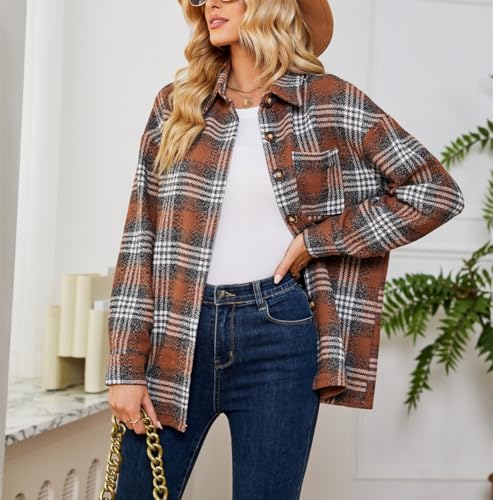 utcoco Women's Retro Plaid Shacket Oversized Button Down Jacket Woolen Coat Fall Winter Casual Outwear4