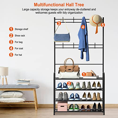 Kocaso Coat Hat Rack Shoe Storage Shelf 5 Tier Shoe Rack Freestanding Hall Tree Garment Hanger Stand Clothes Shoe Organizer Combo #TOP1