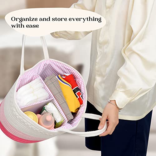 Image of luxury little Diaper Caddy Organizer, Large Cotton Rope Nursery Baby Basket, Changing Table Organizer for Baby Diaper Storage, Portable Car Organizer Removable Divider (Pink, Large)