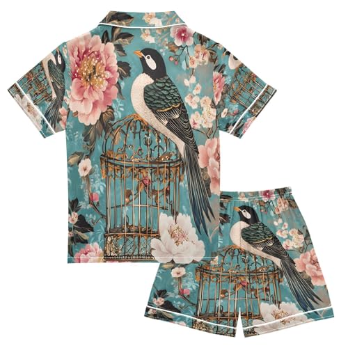ALAZA Bird Blossom Floral Blue Art Satin Pajamas Set Short Sleeve Button Down Sleepwear Summer Pjs 2 Piece2