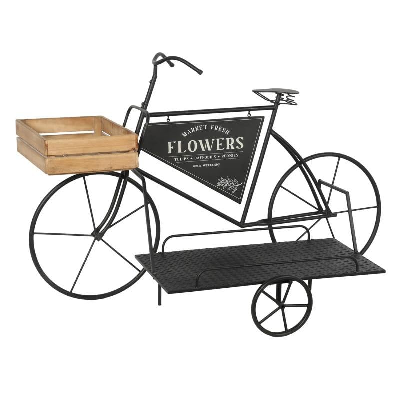Vélo Jardinière en métal noir avec plateau bois support plante intérieur