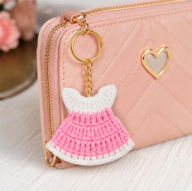 Dhanvix Handmade Crochet Dress Keychain for Girls & Women, Pink