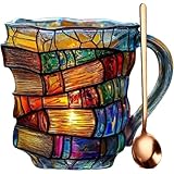 2025 New 3D Painted Book Mug Glass: Novelty Coffee Stain Stained Handmade For Hot Or Cold Brews Colored Stack Looking Shaped Cup Lover Gifts Women Unique 11 15 16 Oz Cool Fu (1PCS With Spoon)