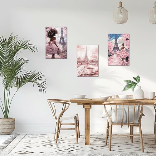 Image of PBXBJY Paris Wall Art Eiffel Tower Pictures 3Pcs African American Paintings Abstract French Landscape Posters Elegant Women Canvas Prints Black Girls Bedroom Decor (Pink, (16 inch x 24 inch x 3PCS))