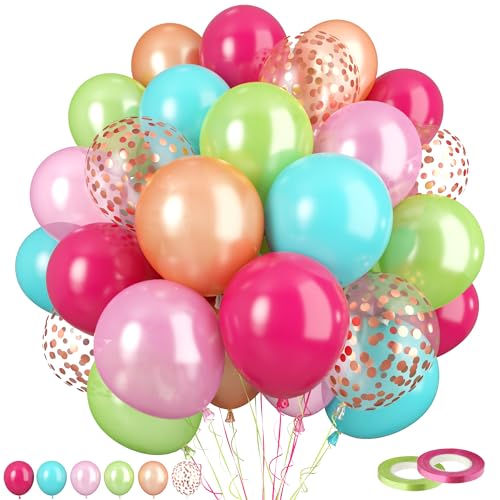 Image of Tropical Party Balloon, 60 Pcs Hawaii Balloons, 12 Inch Hot Pink Teal Blue Latex Balloon Pearl Rose Gold Confetti Balloons for Birthday Baby Shower Wedding Beach Tropical Flamingo Party Decorations