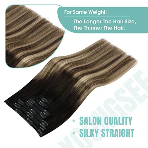 YoungSee Clip in Human Hair Extensions Black Ombre Clip in Hair Extensions Real Hair Black Ombre Dark Brown with Blonde Human Hair Clip in Extensions Balayage Clip Extensions for Women 18in 120g 7pcs - Image 4