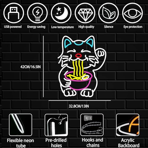 Image of Fortune Cat Ramen Neon Sign for Wall Decor, Dimmable Lucky Cat Neon Light, Japanese Noodles Led Signs for Restaurant, Kitchen, Home, Pub, Dinning Room