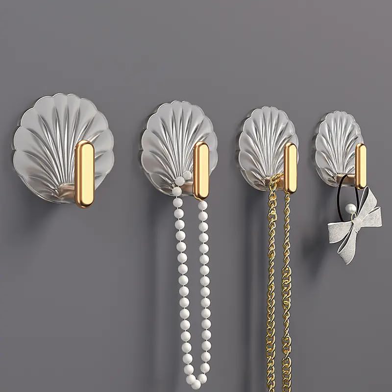 Image of Wall Hooks Self Adhesive Heavy Duty (Pack of 1) | Transparent Decorative Shell Hooks | No Drill Waterproof Sticky Hanger for Bathroom Kitchen Keys Towels Home Organizer (2)