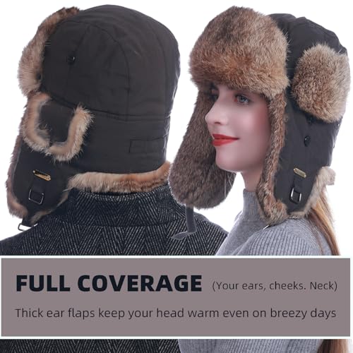 Image of Winter Trapper Hat for Men Women Warm Soft Russian Ushanka Hat Real Rabbit Fur Aviator Bomber Hats Winter Hats with Ear Flaps