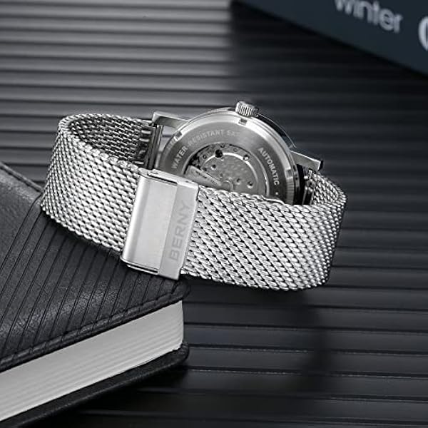 BERNY Klassisk automatisk klocka för män mekaniskt självuppdragande armbandsur MIYOTA 8215 rörelse rostfritt stål rem 5ATM vattentät safirglas utställningsfodral baksida järnväg klocka