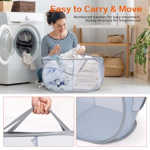 Image of Sturdy Collapsible Laundry Baskets, Foldable Pop Up Laundry Hamper, Durable 2 Compartments Laundry Basket, Handy Pocket & Easy to Sort Clothes Hampers for Laundry, Dorm, Kids Room, Travel Grey