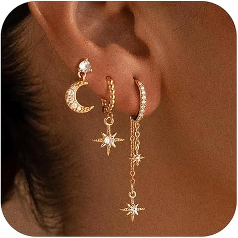 Set Orecchini In Oro per Più Fori Orecchini forma di Stella e Luna Piccoli Terzo Buco Adatti a Donne con Piercing Multipli All'Orecchio