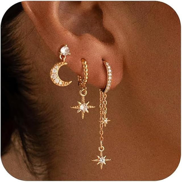 Set Orecchini In Oro per Più Fori Orecchini forma di Stella e Luna Piccoli Terzo Buco Adatti a Donne con Piercing Multipli All'Orecchio