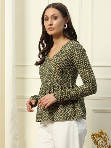 Image of FIORRA Women's Green Cotton Top with Lace Detail and Printed Pattern