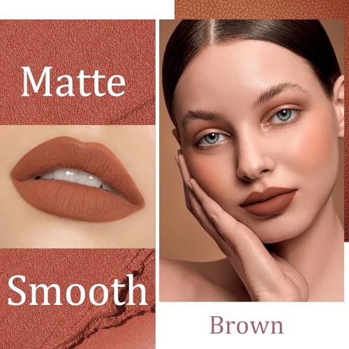 Brown Lipstick, Matte Nude Lipsticks For Women Long Lasting, Highly Pigmented Creamy Lip Gloss, Lip stick Stay On 8 Hours Waterproof Not Fade Liquid Lipstick Make Up Gift (02# Brown, One Size) - Image 3