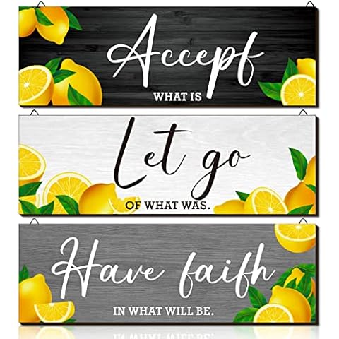 3 Pcs Rustic Lemon Wall Art Accept Let Go Have Faith Bedroom Wall Decor Wooden Inspirational Quotes Decorations for Living Room Bathroom Wood Hanging Farmhouse Bedroom Art, 12 x 4 Inches (lemon) Cover