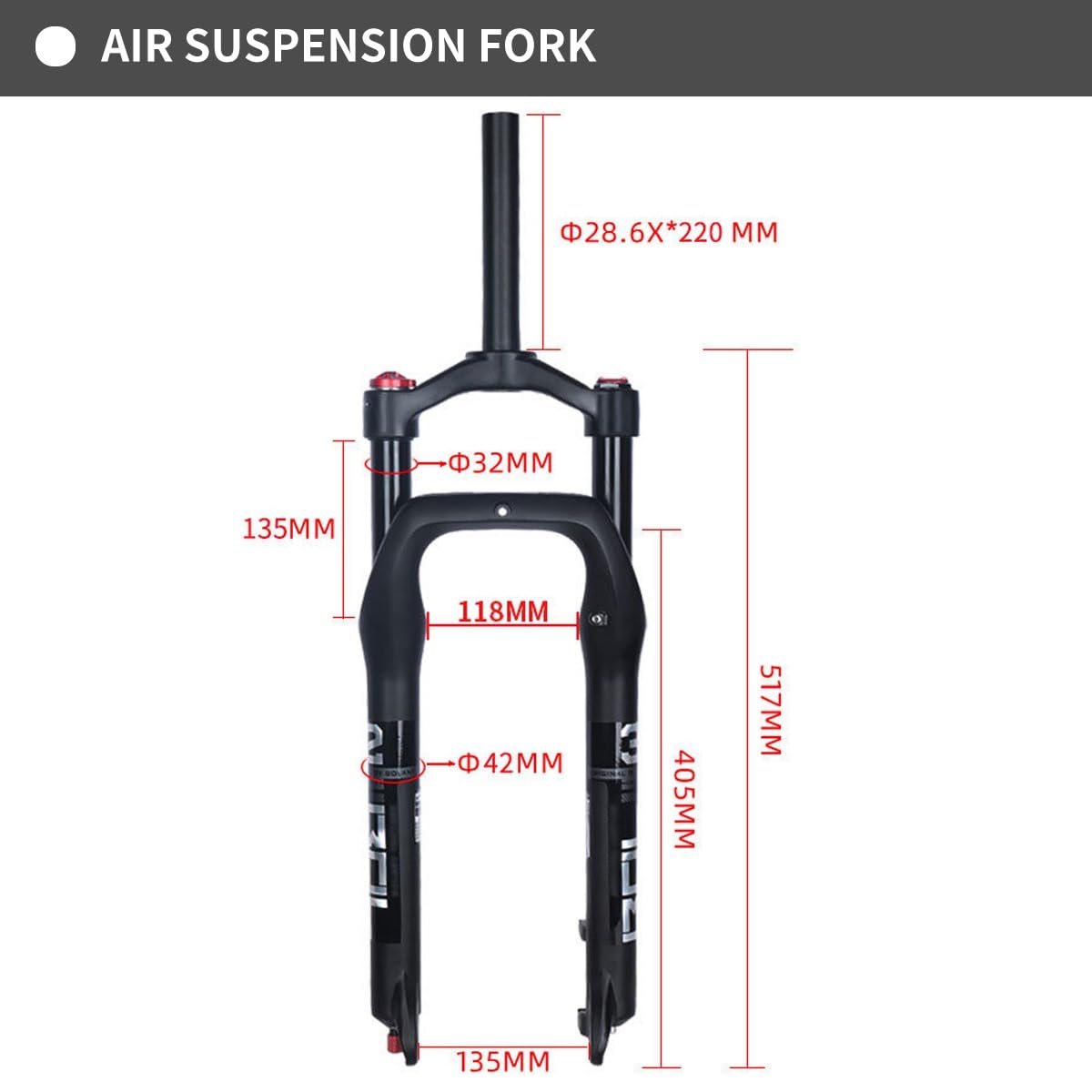 Forcella Anteriore con Sospensione pneumatica, Pneumatici da 4 Pollici, Escursione di 135 mm, Freni a Disco, Attacco QR 9* per Bici elettrica da Spiaggia/Neve