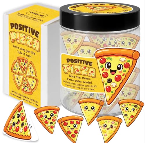 KATINAT Positive Pizza Jar – 60 Funny Affirmation Cards, Emotional Support Pizza for Friends, Teens, Coworkers, Funny Foodie Gifts for Stress Relief, White Elephant Gifts, Desk Decor KATINAT Positive Pizza Jar – 60 Funny Affirmation Cards, Emotional Support Pizza for Friends, Teens, Coworkers, Funny Foodie Gifts for Stress Relief, White Elephant Gifts, Desk Decor