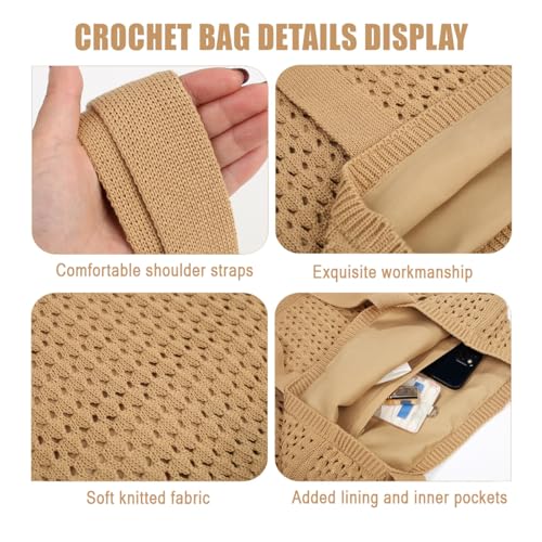 Image of COOKOOKY Lined Crochet Tote Beach Shoulder Bag Women Casual Work Shopping | Lined crochet tote with soft structure, perfect for beach, work, shopping. Roomy & lightweight for daily use.