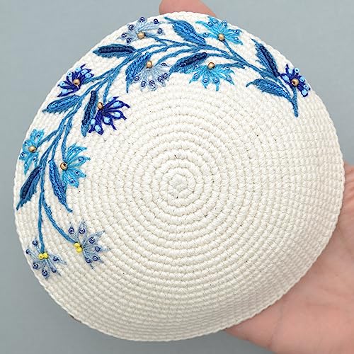 Cream & Turquoise Blue Flowers Crochet & Embroidered Womans Kippah - Ladies Floral Yarmulke4