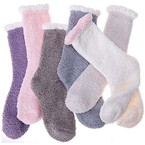 Womens Girls Fuzzy Slipper Socks Cabin Plush Soft Fleece Fluffy Warm Sleep Cozy Socks Winter Christmas Stocking Stuffers for Adult ?Solid Color D (6 Pairs)?