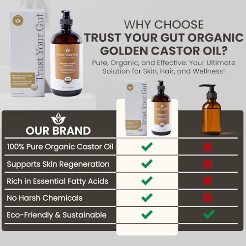 Trust Your Gut Organic Golden Castor Oil, 100% Pure Cold-Pressed Hexane-Free Extra Virgin Oil for Liver Detox, Gut Wellness, Skin Care, Healthy Nails & Hair Growth - 16 oz