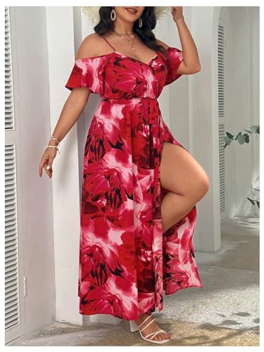 Image of Floerns Women's Plus Size Cold Shoulder Short Sleeve Split Thigh Long Dress