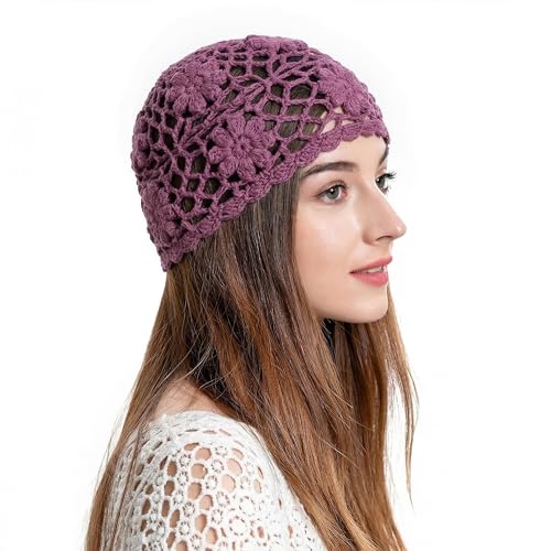 ZLYC Women Cotton Crochet Skull Cap Handmade Knit Cutout Floral Beanie Hat, Daisy Sassy Pink