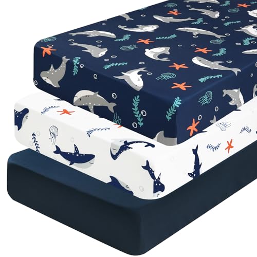 Image of PHF 3 Pack Soft Shark Crib Sheets Fitted, Comfy Breathable Baby Sheets for Boys, 28x52 Inches Fits Standard Crib and Toddler Mattresses, Shark