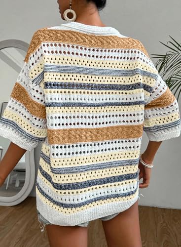Image of Acelitt Crochet Tops for Women Summer Short Sleeve Sweater | Boho Striped Knit Top, 3 /4 Sleeve, Hollow Out Oversized Sweaters, Lightweight Blouses, Spring Fall Outfits for Beach Vacation