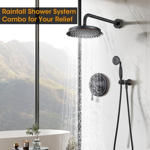 Image of Antique Rain Shower Head with Handheld Spray, Oil Rubbed Bronze Rain Shower System with Rough-in Balance Pressure Valve, 9 inch Bathroom Luxury Rain Fall Shower Head Wall Mount Round, (B2312-ORB)